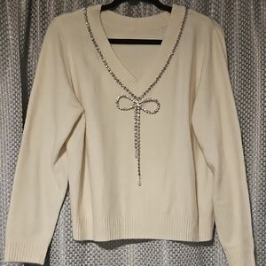 LOFT Cream V-Neck Sweater with Rhinestone Bow